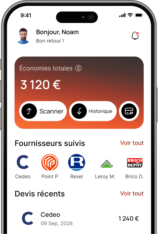 Aperçu de l'application Tarineo — tableau de bord avec économies et fournisseurs